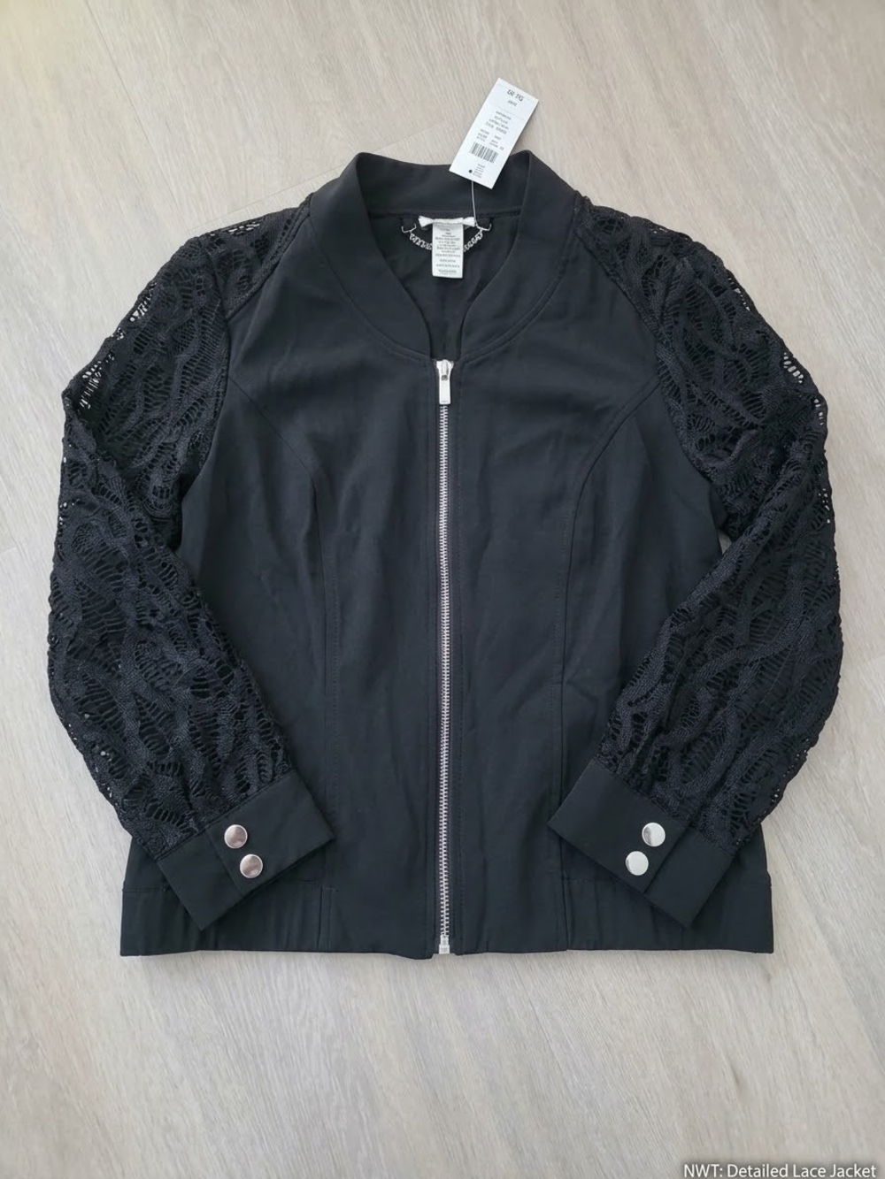 Caché Womens Black Lace Bomber Jacket Full Zip Size 6 New with Tags